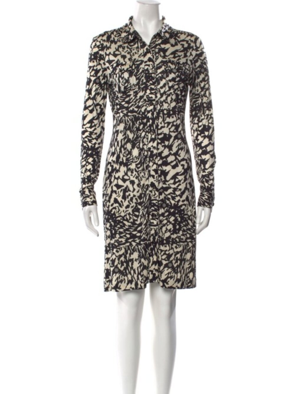 Tory Burch Black and Cream Printed Long-Sleeve Shirt Dress